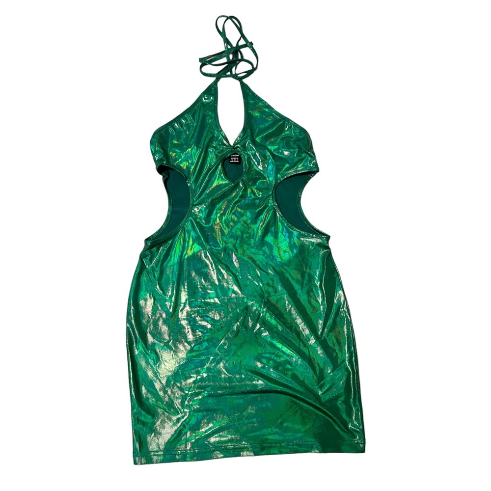 NWOT Small SHEIN ICON Cut Out Tie Backless Metallic Halter Bodycon Dress